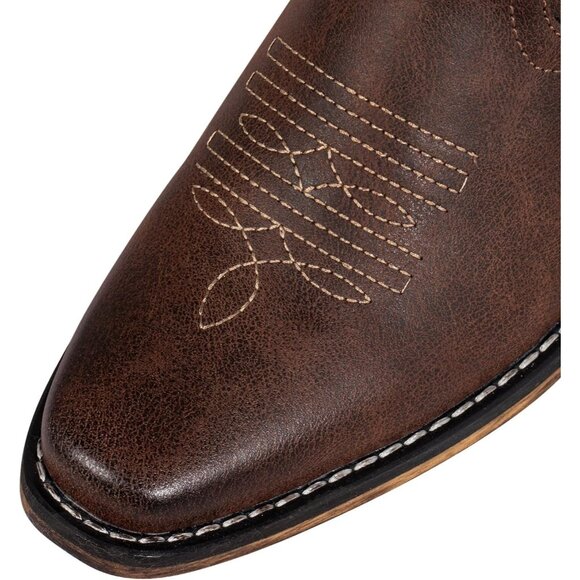 Women's Western Brown Knee High Embroidered Square Toe Cowboy Boots Side Zipper - Picture 4 of 7